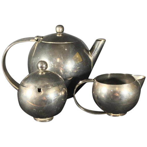 MODERNIST Silver Metal Tea / Coffee Service Set, Alpaca Mailleshort, Design Art Deco, circa 1940
