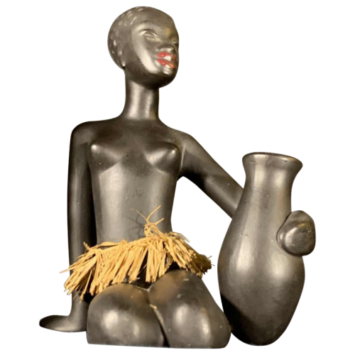 ANZENGRUBER KERAMIK, Ceramic Sculpture Naked African Watusi Woman with tamtam, circa 1950