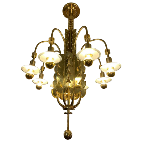 GIO PONTI for EMILIO LANCIA / FONTANA ARTE (Attributed), Exceptional Art Deco Brass Glass Chandelier, 1930s