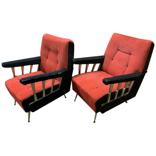 Pair of Vintage Italian Club / Armchairs, (wear on velvet armrests), 1950s