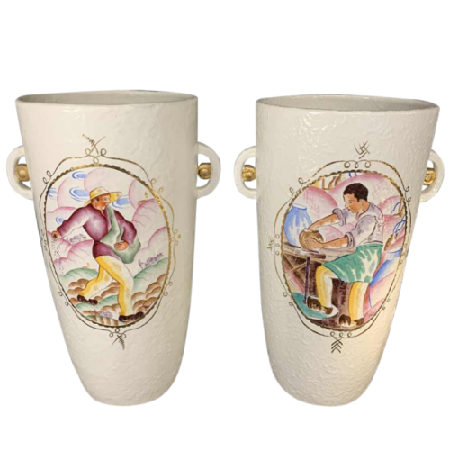 LOUIS RANDOUR Saint Ghislain, Pair of Large Unique Vases, Art Deco Ceramics 1930s