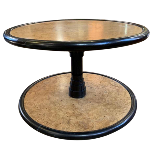 DE COENE FRERES (attributed) Round Rotating Art Deco Coffee Table, Maple Burl & Ebony, ca 1925