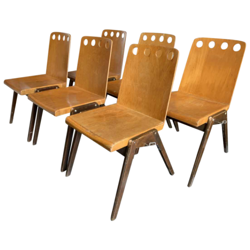 ROLAND RAINER for EMIL & ALFRED POLLAK, Set of 6 Industrial Modernist Staking Chairs, 1950s