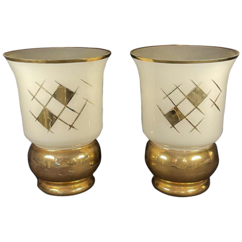 Verreries de Laeken, Pair of Vases, Art Deco Golden Sandblasted Glass, ca 1935