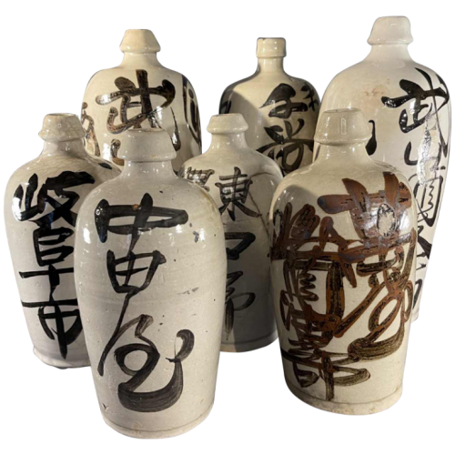 "TOKKURI" Japan Meiji Period, Set of 6 Stoneware Ceramic Sake Bottles, ca 1900