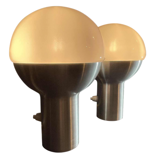 Pair of Bedside Lamps, Italian Design, Brushed Aluminum / Opaline Glass, 1970s