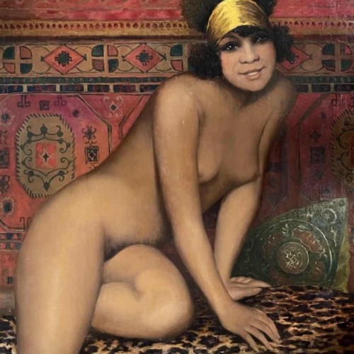A. ALLARD, Painting "Naked Oriental Woman with Headscarf", Orientalist Oil on Canvas, 1920