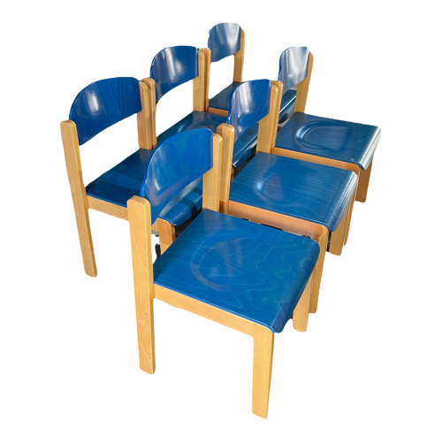 Set of 6 stacking dining chairs, Italian design, blue stained beech, ca 1980