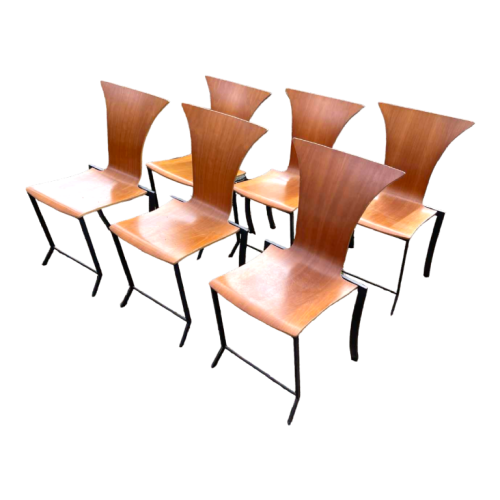 Karl Friedrich Forster for KKF, series of 6 wooden chairs, Memphis style 1980s