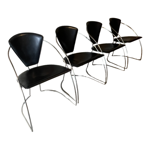 Set of 4 vintage chairs, chromed steel & black skai, Italian design 80s