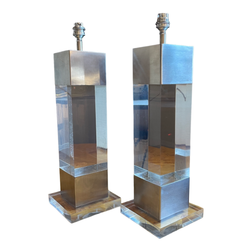 Charles Hollis Jones (attr), pair of Plexiglas & brushed steel lamps 1970s