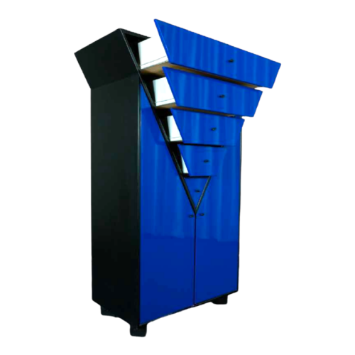 MEMPHIS style blue furniture, dresser & high chest with 4 drawers, ca 1980