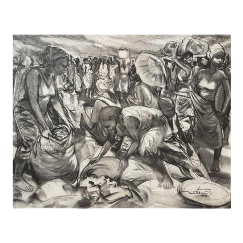 DENIS MATEMO "Scène de marché" Tableau fusain sur toile (Kinshasa 2016)