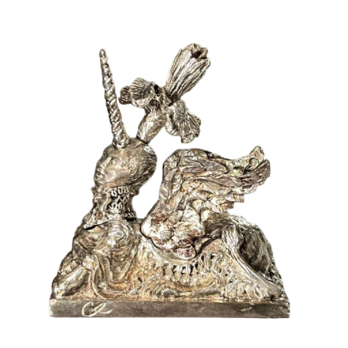 CHRISTIAN LACROIX for CHRISTOFLE "Unicorn Sphynx" sculpture & paper press, silvered bronze 1998