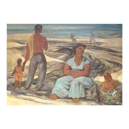 FLORY ROLAND 'Return from fishing' painting, oil on panel, ca 1945
