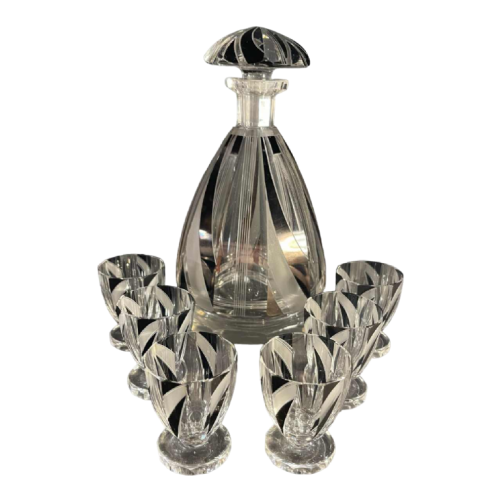 KARL PALDA, Liqueur service, carafe & 6 Art Deco glasses, cut doubled crystal, cubist decoration, ca 1930