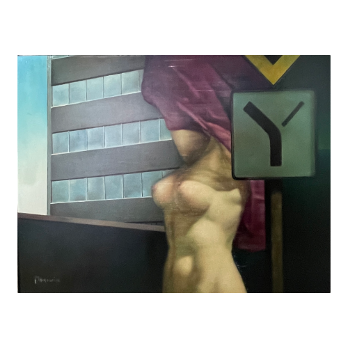 MACKOWIAK ERWIN "Nu au panneau de signalisation" Belgian Pop'Art painting, oil on canvas, ca 1975