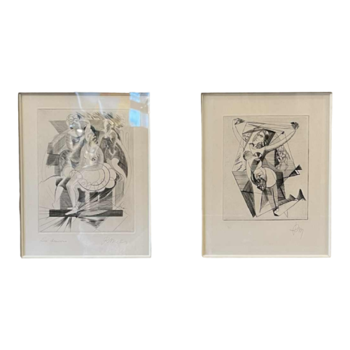 RENÉ MELS (Meulemans) framed set of 2 x abstract expressionist etchings, ca 1945