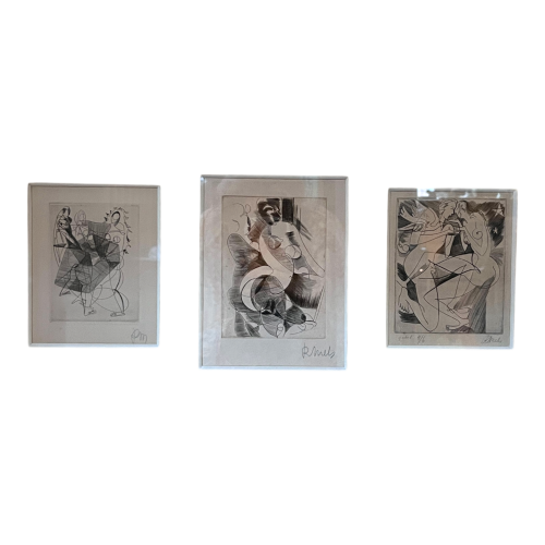 RENÉ MELS (Meulemans) 1 framed set of 3 x abstract expressionist etchings, ca 1945