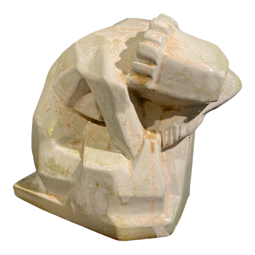 ANGELO HECQ for ROGER GUERIN ‘Femme nue assoupie’ white cubist sculpture in large-fired salt stoneware, ca 1930