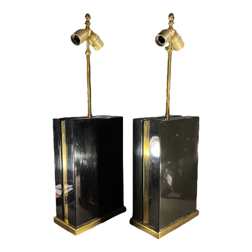 Pair of Hollywood Regency lamps, black lacquer and brass, circa 1970