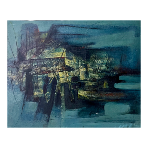 MACKOWIAK ERWIN, tableau abstrait bleu, peintre belge, huile sur panneau, 1960 