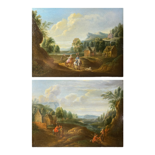 Surroundings of Jan Peeter Verdussen ‘Lively wooded landscape, village scene’ pair of small paintings, oil on panel, 18th century