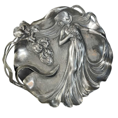 WMF "Woman with irises" N°290 Art Nouveau openwork silver-plated tray, ca 1906