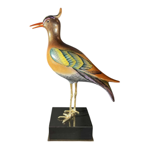 Giulia Mangani / Oggetti 'Oiseau vanneau huppé' sculpture figurine porcelaine polychrome & bronze doré, Hollywood Regency, ca 1970