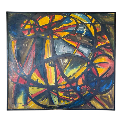 JEAN-LOUIS RUYTHOORENS 'Soleil et Calebasses' Lubumbashi 1972, tableau abstrait, huile sur toile