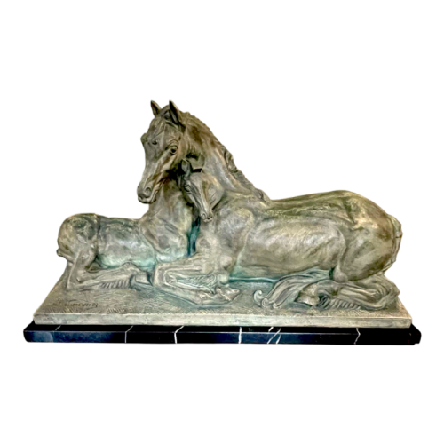 MAURICE WAUCQUEZ ‘Repos’ mare and foal, Art Deco terracotta equestrian sculpture, circa 1935