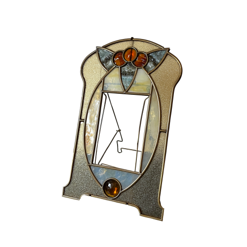 Art Nouveau / Art Deco photo holder on brass stand, cabochons & stained glass, ca 1900/1920