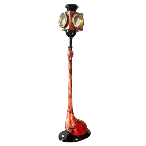 ALDO TURA, lampe à poser / lampadaire 'Oiseau', parchemin peau de chèvre rouge laqué, Italie ca 1950