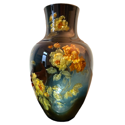 Large impressionist Art Nouveau ceramic vase (52 cm) in barbotine with floral rose decoration, ca 1900