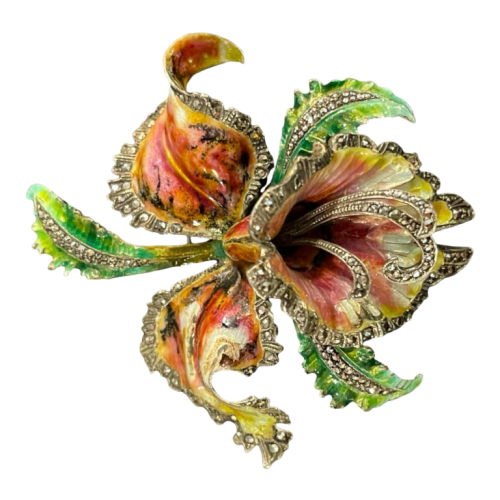 Solid silver enamelled ‘Orchid or Iris flower’ brooch, mid 20th century