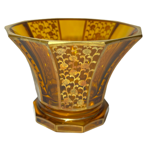 Moser Karlsbad, Art Deco vase, modernist cut crystal, topaz colour, gilded stylised geometric floral decoration, ca 1930