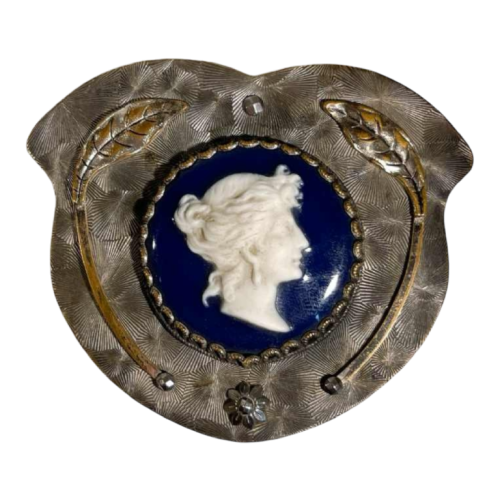 Belt buckle, cameo portrait of a lady in profile, silver-plated brass, enamelled porcelain, 19th