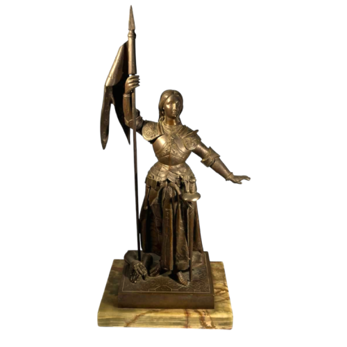 Jeanne d'Arc in armour at the coronation of King Charles VII' after Ingres, bronze sculpture with brown patina, 19th century