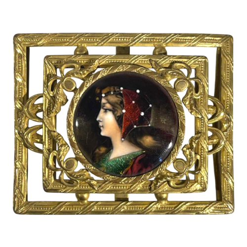 Limoges enamels, belt buckle ‘portrait of a lady in profile’ enamelled copper & openwork brass, ca 1900