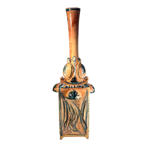 Maîtrise de Nimy, ceramic 4-handle vase (49cm), vegetal design, stretched neck, square-section body, ca 1945