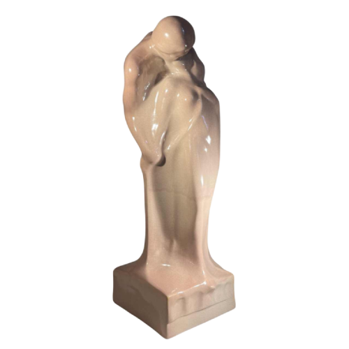 CRIS AGTERBERG / ROGER GUERIN 'The Kiss' sculpture of an embracing couple, Art Deco cracked ceramic, Bouffioulx sandstone ca 1940