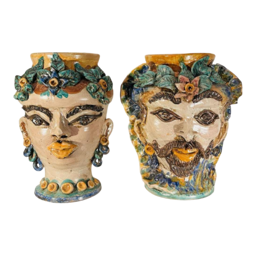 Caltagirone Sicilia ‘Tête de Maure’ ceramic planters vases (clay), Italy mid 20th c