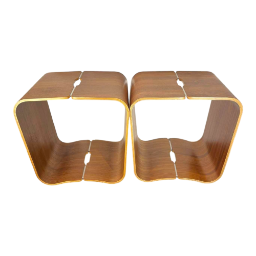 Pair of stools / side tables, rosewood, aluminum, curved multiplex wood, Scandinavian design ca 1970.