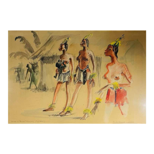 Paul Daxhelet "African Dancers, Primiparous Women, Equateur" Africanist painting, circa 1950
