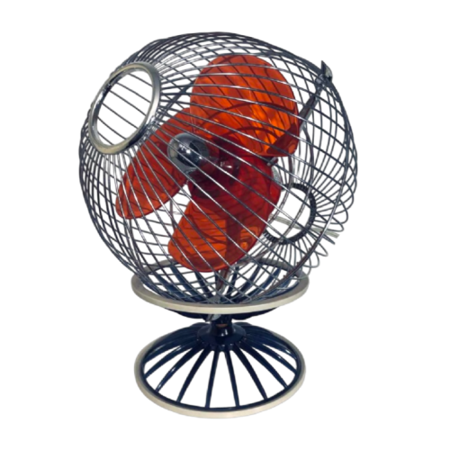 Ventilateur Hitachi B-45, structures sphérique acier chromé, pales polycarbonate rouge, Japon 1970s