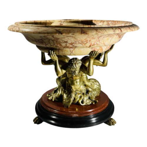 Centrepiece dish with tritons ‘Gods of the seas’ gilt bronze and marble sculpture, 19th c