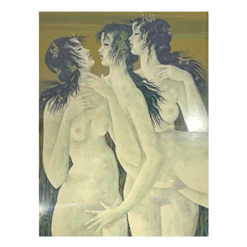 Denyse Willem “The Secret” 3 naked women / nymphs, symbolist & fantastical painting, 1970