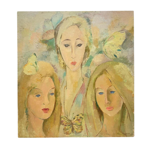 Flory Roland, painting - The Butterflies - 3 women's faces, oil painting on panel, ca 1975