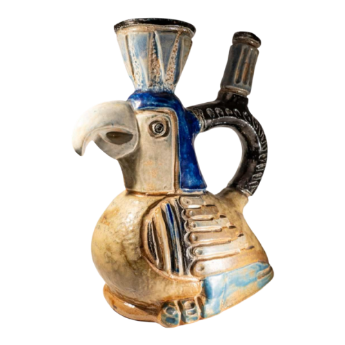Jules Guérin, zoomorphic ceramic sculpture vase ‘Inca/Aztec bird’ Bouffioulx stoneware, 1950s