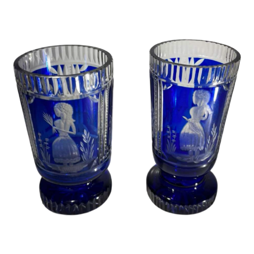 Bohemian crystal, set of 2 glasses decorated with elegant, double-cut cobalt blue, ca 1900